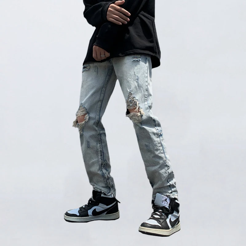 

Four Seasons Men Jeans Light Color High Street Hole Loose Straight Tide Brand Trend Men Trousers Fashion Streetwear Ins Hot Sale