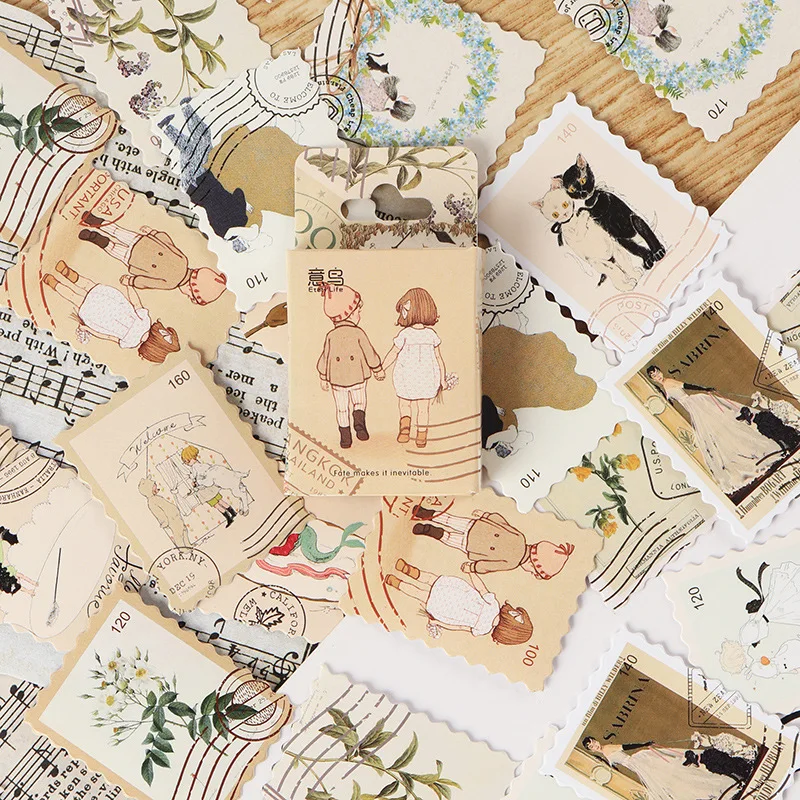 

46pcs Fresh Retro Stickers DIY Scrapbooking Aesthetic Material Sticky Diary Sticker for Notebooks Stationery Supplies Packing