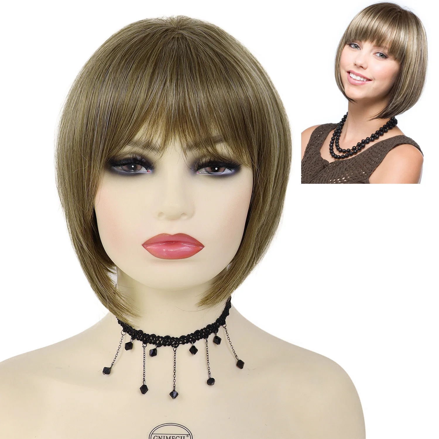 

GNIMEGIL Brown Wig with Bangs Synthetic Hair Short Bob Wig for White Women Mix Brown Heat Resistant Straight Haircut Natural Wig