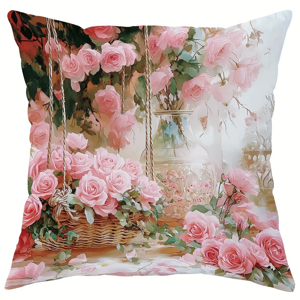 

Наволочки с розовой розой и цветочным принтом: романтические садовые сцены, чехол для диванной подушки, украшение для дома, комнаты, 2D плоская печать