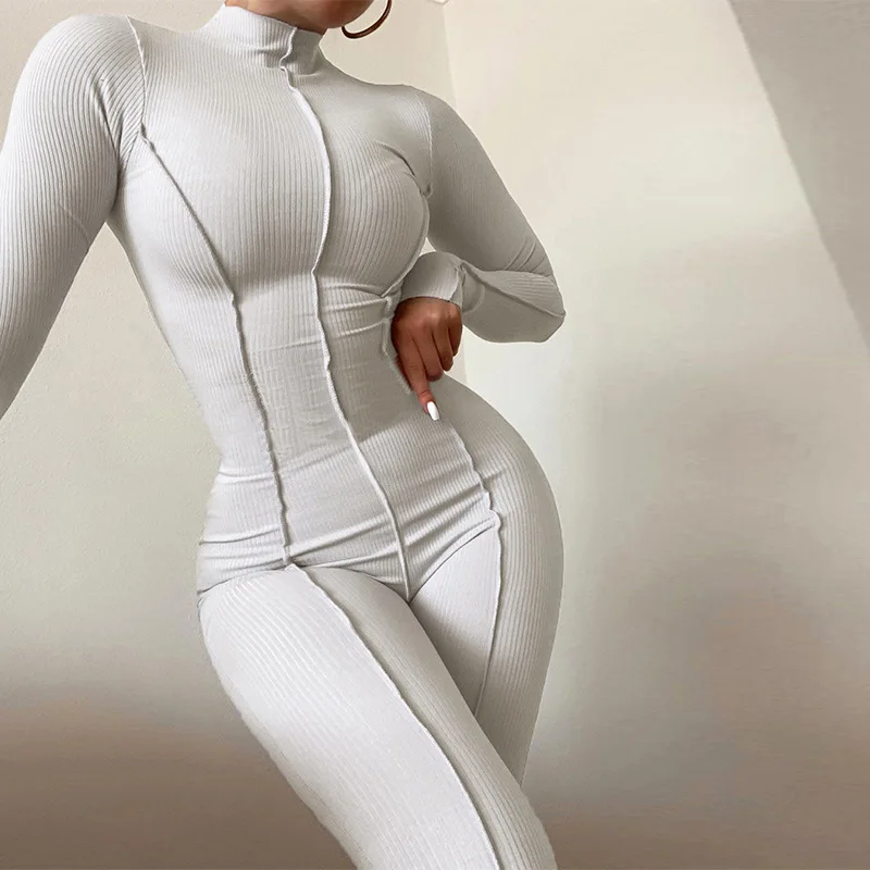 

Balogun Ribbed Black Jumpsuit Women Turtleneck Long Sleeve Rompers Womens Jumpsuits White One Piece Outfits Bodycon Jumpsuits