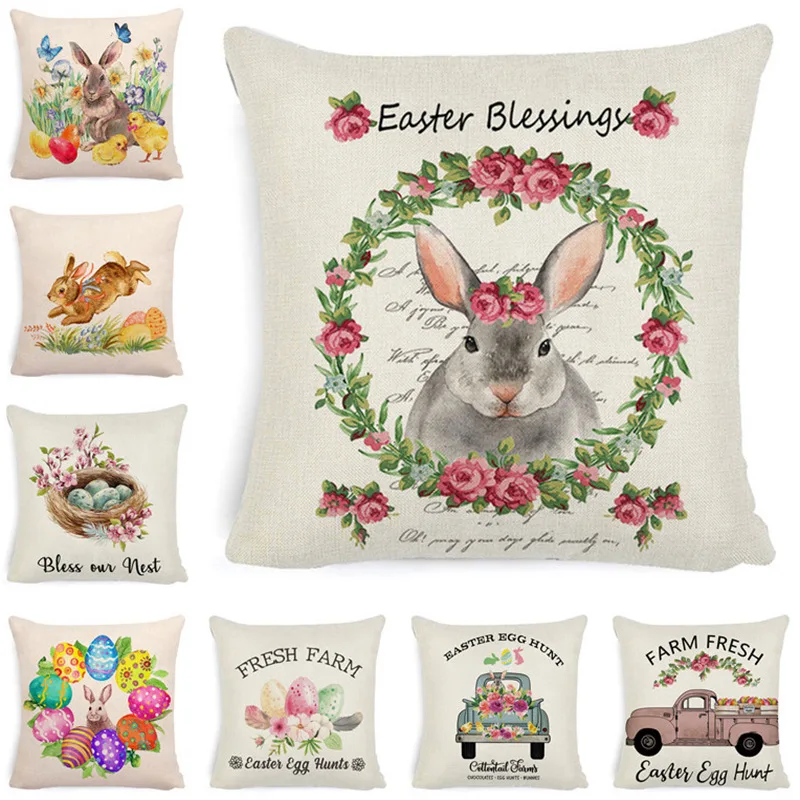 

Spring Easter Home Decor Rabbit Cushion Cover Flower Bunny Eggs Printed Pillow Cover Easter Decoration Linen Throw Pillowcase