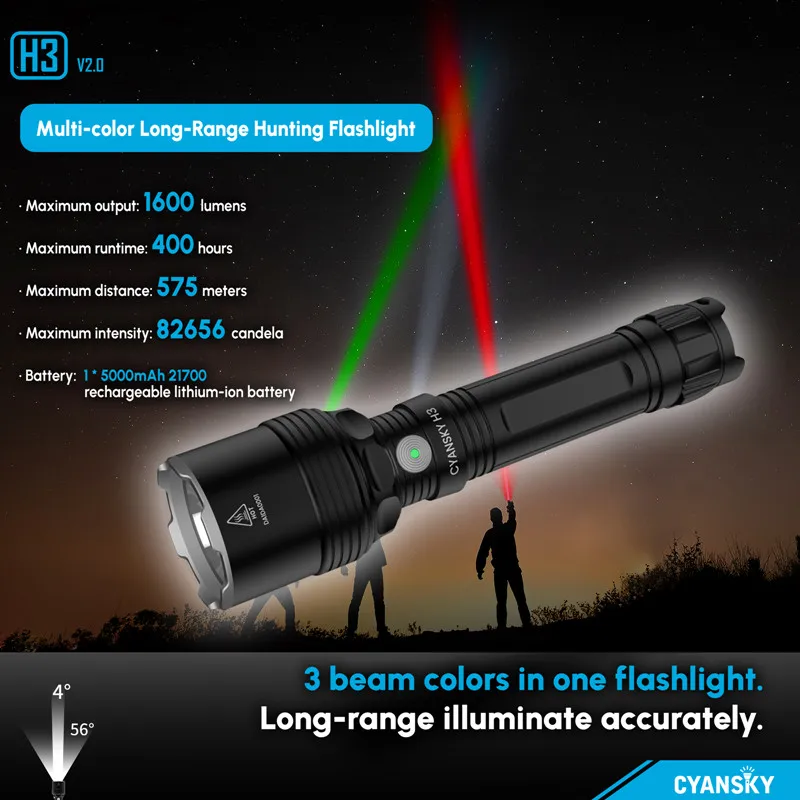 CyanskyH3 V2.0 Multi-color Long-range Hunting Flashlight Rechargeable Blood Light Tracking Green Red Hunting Light for Gun