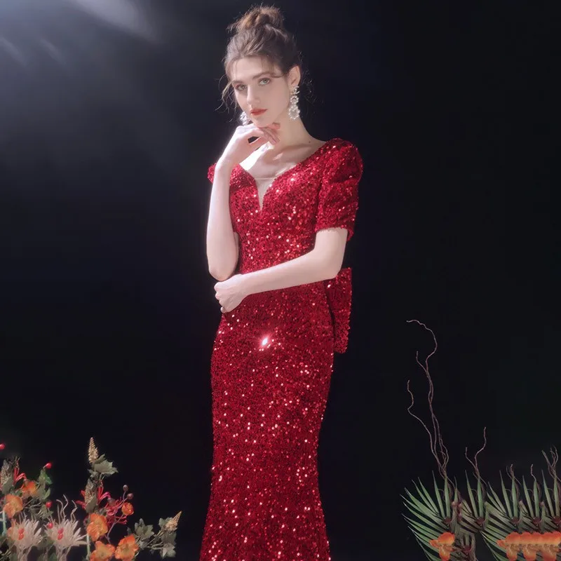 

Long Evening Dress With Bow V-neck Wine Red Sequins Mermaid Dress Sexy Shining Party Dress Custom Made Robe De Soiree