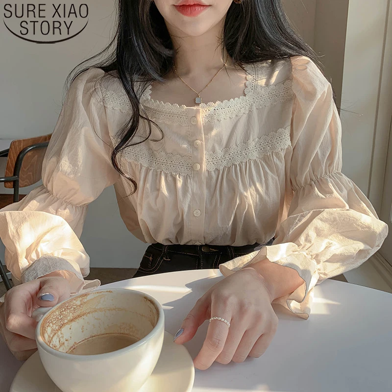Bej dantel bluz Vintage kare yaka kadın uzun puf kollu gömlek katı hırka tatlı gömlek Blusas giyim kadın üstleri 11200