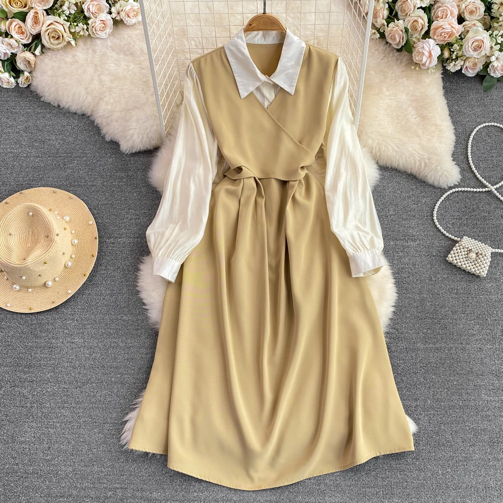 

Ретро-платье в стиле преппи с имитацией двух частей и отложным воротником