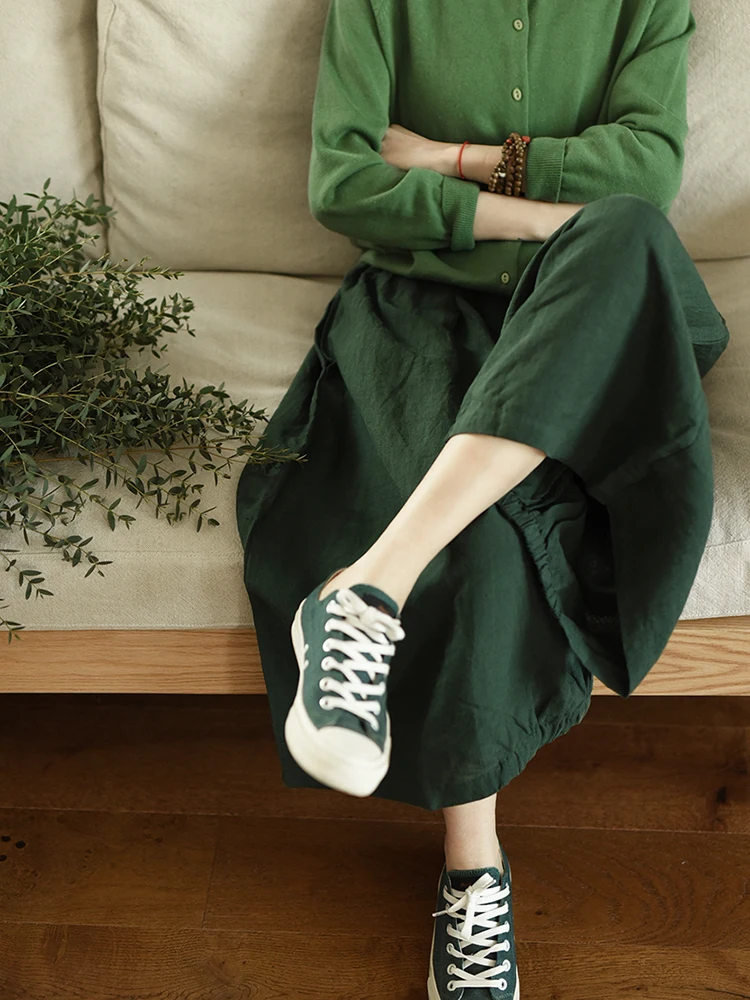 64-102cm Elastic Waist / Spring Summer Women Casual Loose Japan Style Green Comfortable Natural Linen Trousers Pants