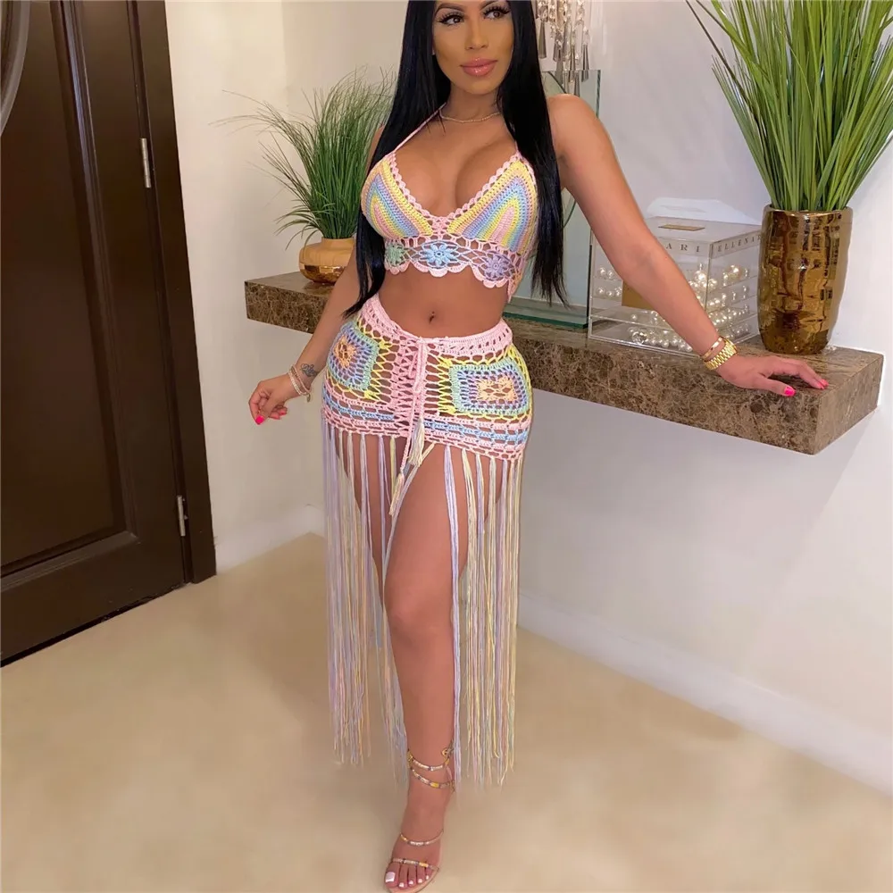 Летний купальник в стиле бохо ручная вязка цветная прозрачная пляжная блузка