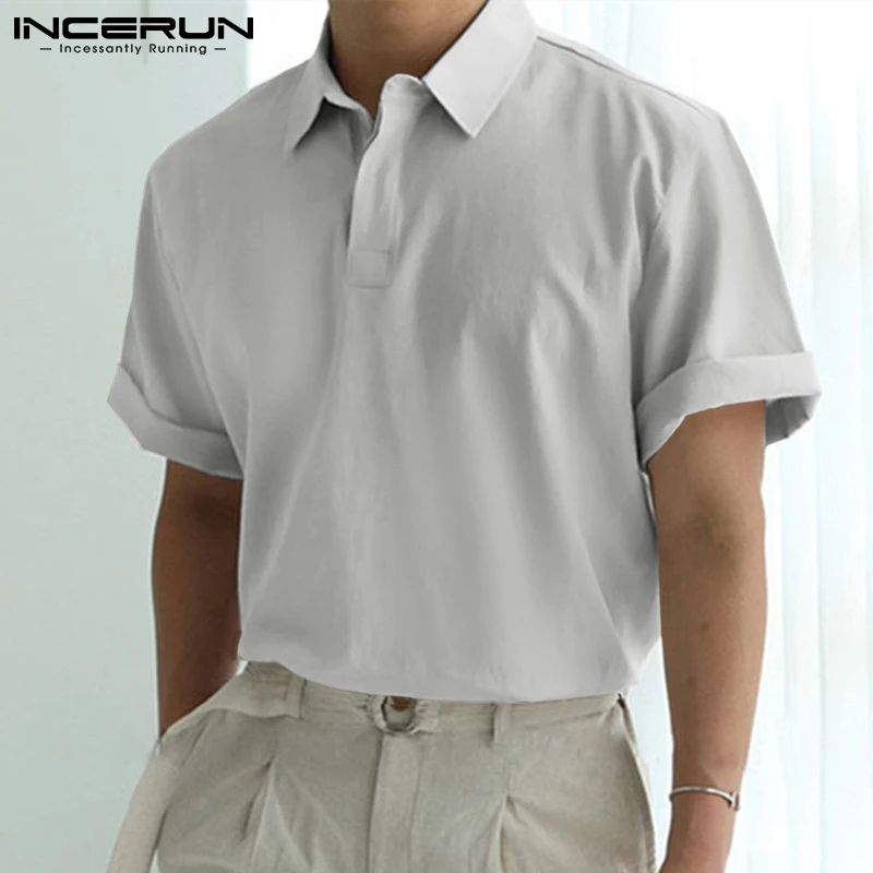 

INCERUN Men Shirt Solid Color Lapel Short Sleeve Streetwear Casual Men Clothing 2022 Korean Cotton Stylish Leisure Shirts S-5XL