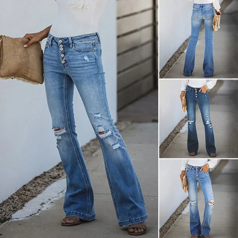

Women's Jeans Wear Style Ripped Leg Boot-Cut Denim Pants Mid-Waist Bell Bottom Flare Pants d88