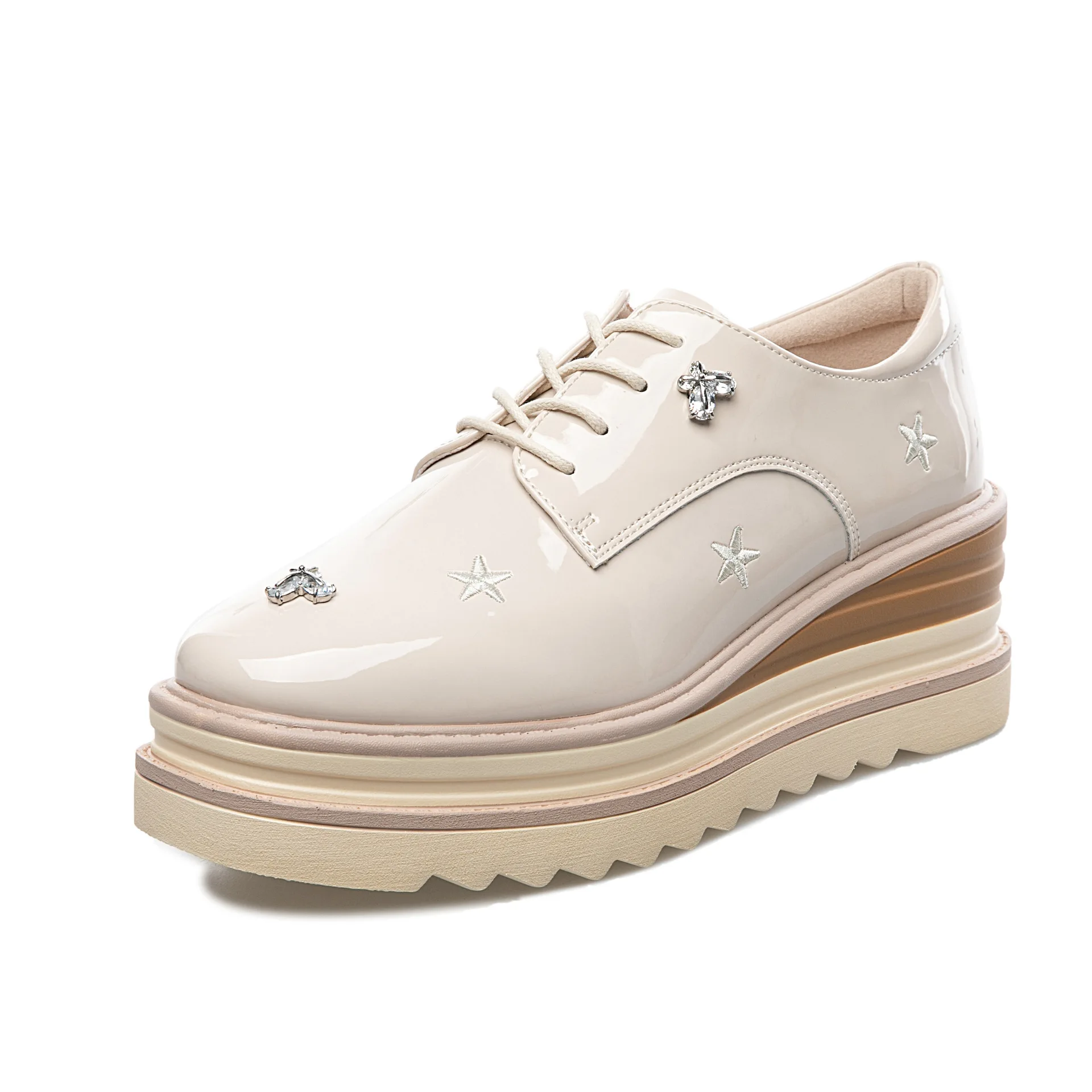 

Rhinestone square platform shoes for women spring 2022 new slope heel single shoe lacing versatile leather thick soles for women