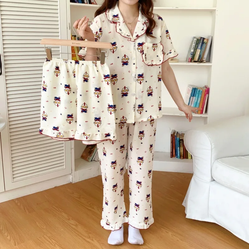 

Disney Loose-fitting and Casual Pajamas Women Autumn Bubble Cotton Three Piece Suit Women's Pajamas Thin and Cool Women Pajamas