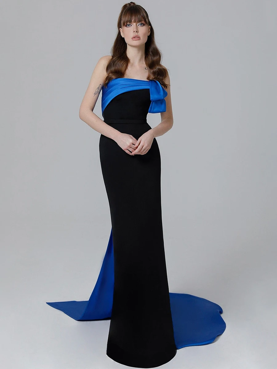 

Simple Evening Dresses for Women Strapless Black Blue Evening Gown Long Mermaid Satin Backless Draped Belt Formal Party Dress