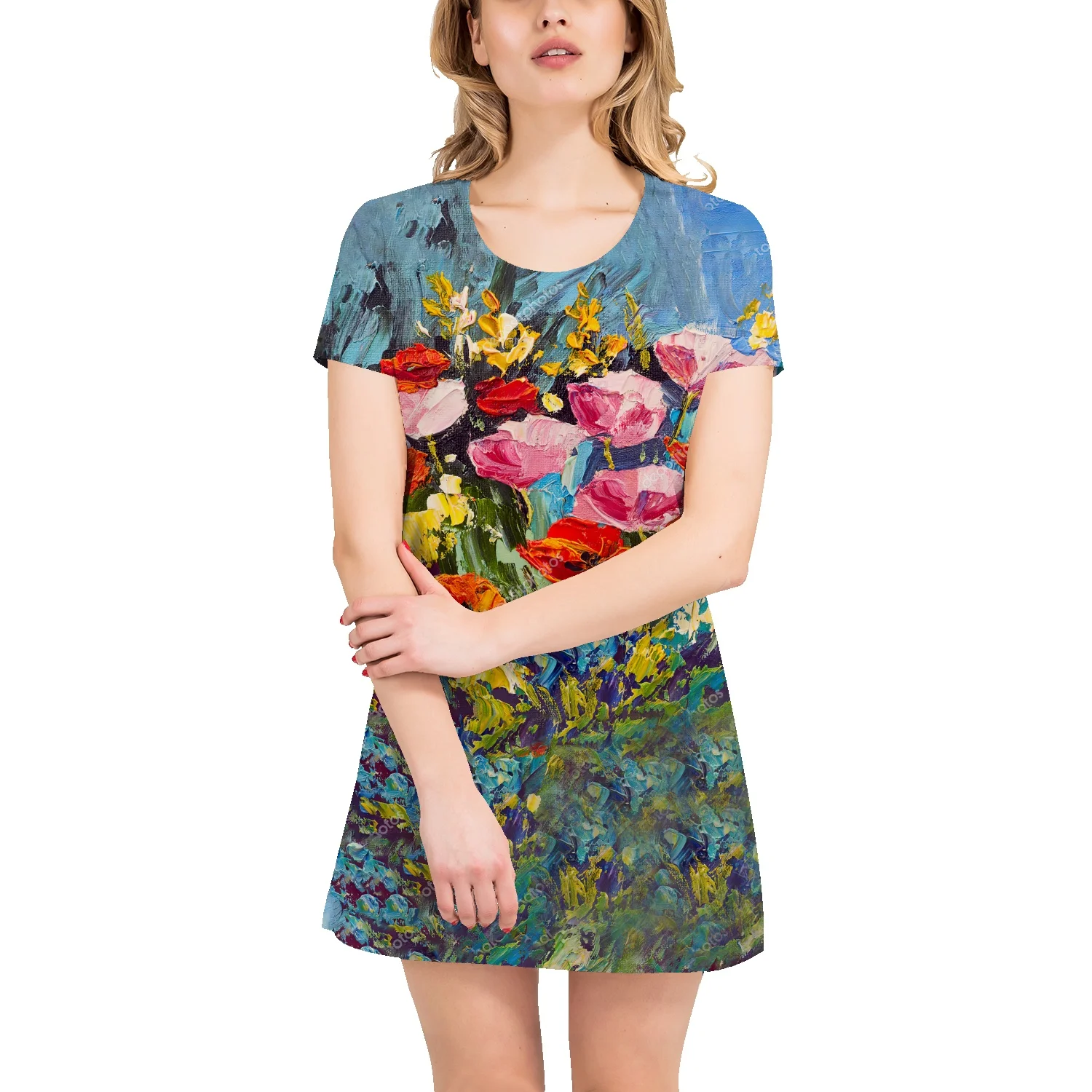 

Женское платье-рубашка с цветочным принтом, летнее приталенное платье большого размера с изображением масляной живописи, Простая прямая фу...