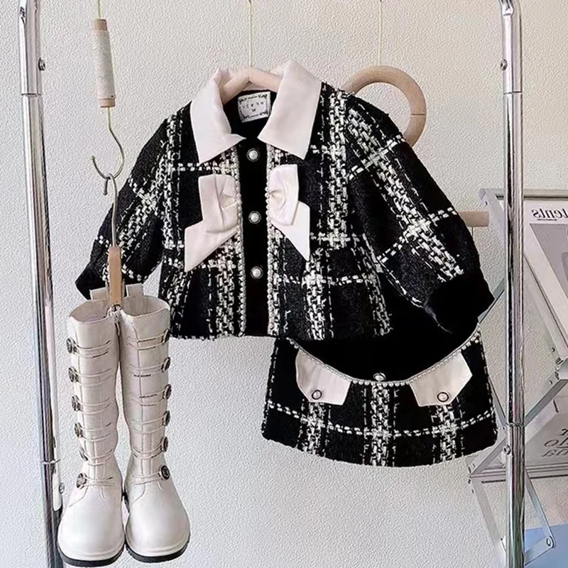 

Spring Autumn Girls 2 Pcs Set Toddler Coat + Skirt Kids Set For Baby Children Clothes Brand Check Gunny Bow Pearl 2-7Y