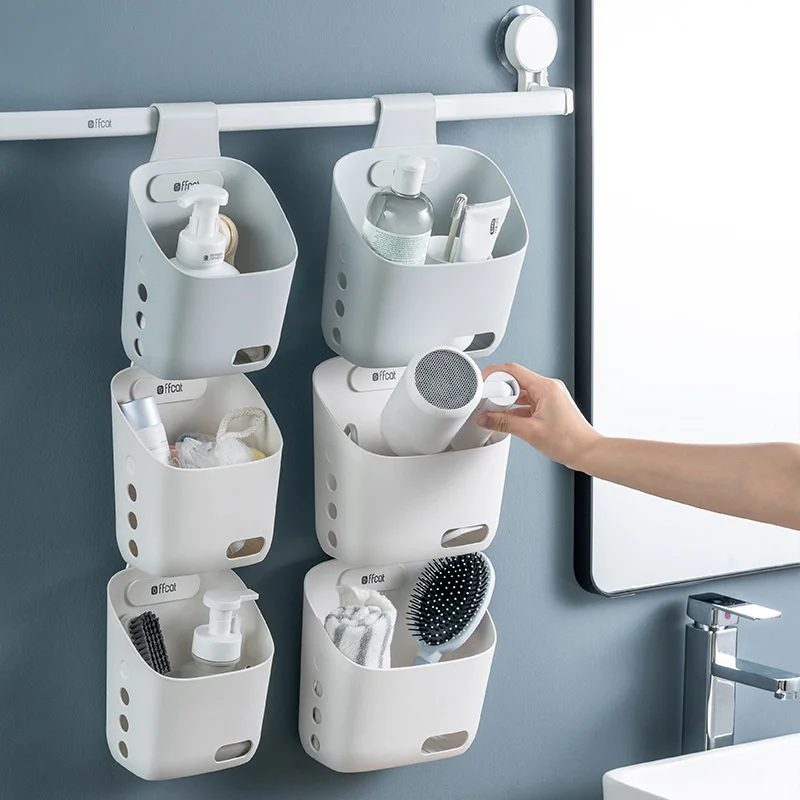 

Plastic White Hanging Storage Bathroom Basket Household Kitchen Shower Storage Wall Hanging Container