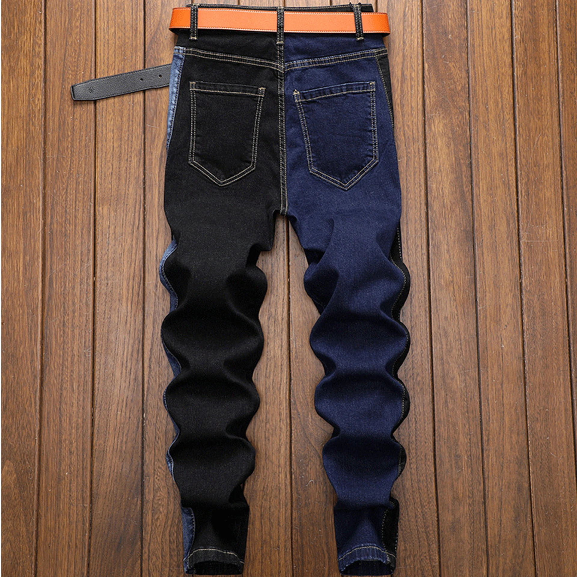 New Men Pants Slim Stretch Small Feet Jeans Personalized Black + Blue Color Matching High-Quality Jeans Daily Casual Sports Wear