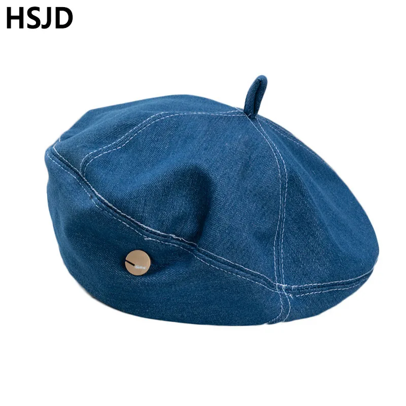 

Fashion Pretty Girls' Denim Beret Painter Hat French Cowboy Ladies Washed Cotton Artist Spring Summer Berets And Hats For Women