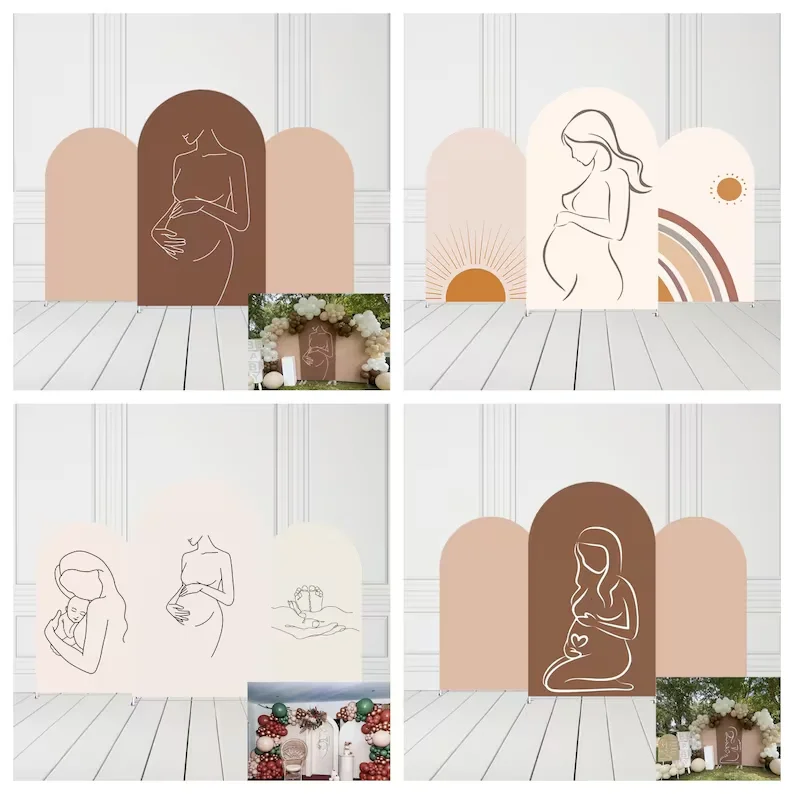 ond beżowa sylwetka w ciąży łukowana okładka niestandardowe 2-stronne tło Baby Shower urodziny Boho tęczowy wystrój do zdjęć