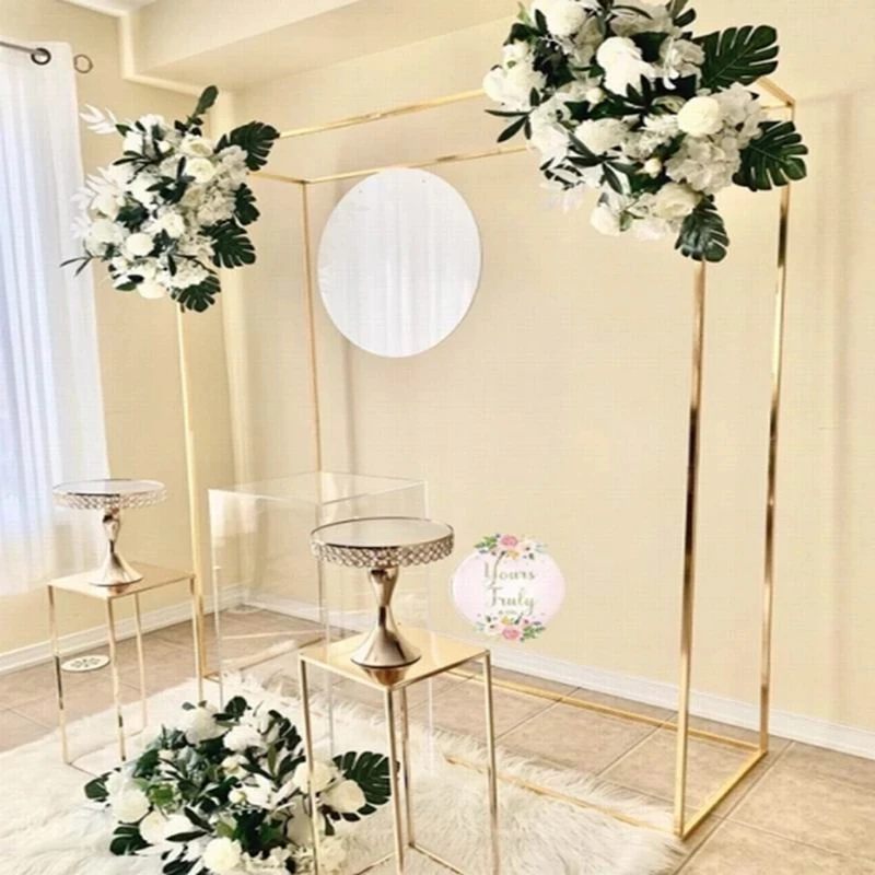 

Metal Wedding Arch Frame Mariage row runner Square Backdrop Stand Background Gold Plating Outdoor Artificial Flower Door Shelf