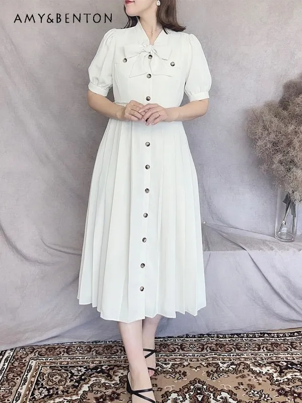 Summer High-end Short Sleeve Long Dress Elegant Double-Breasted Lace-up Heavy-Duty Pleated Stitching Over-the-Knee Dress