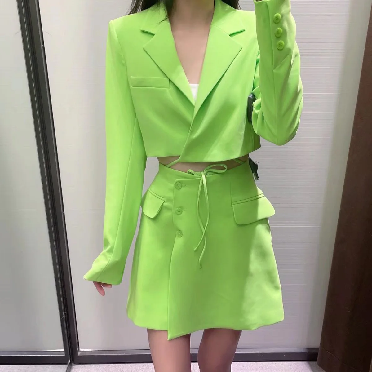 

Lace Up Jacket For Women Lapel Long Sleeve Casual Short Jackets Female Fashion New Clothing