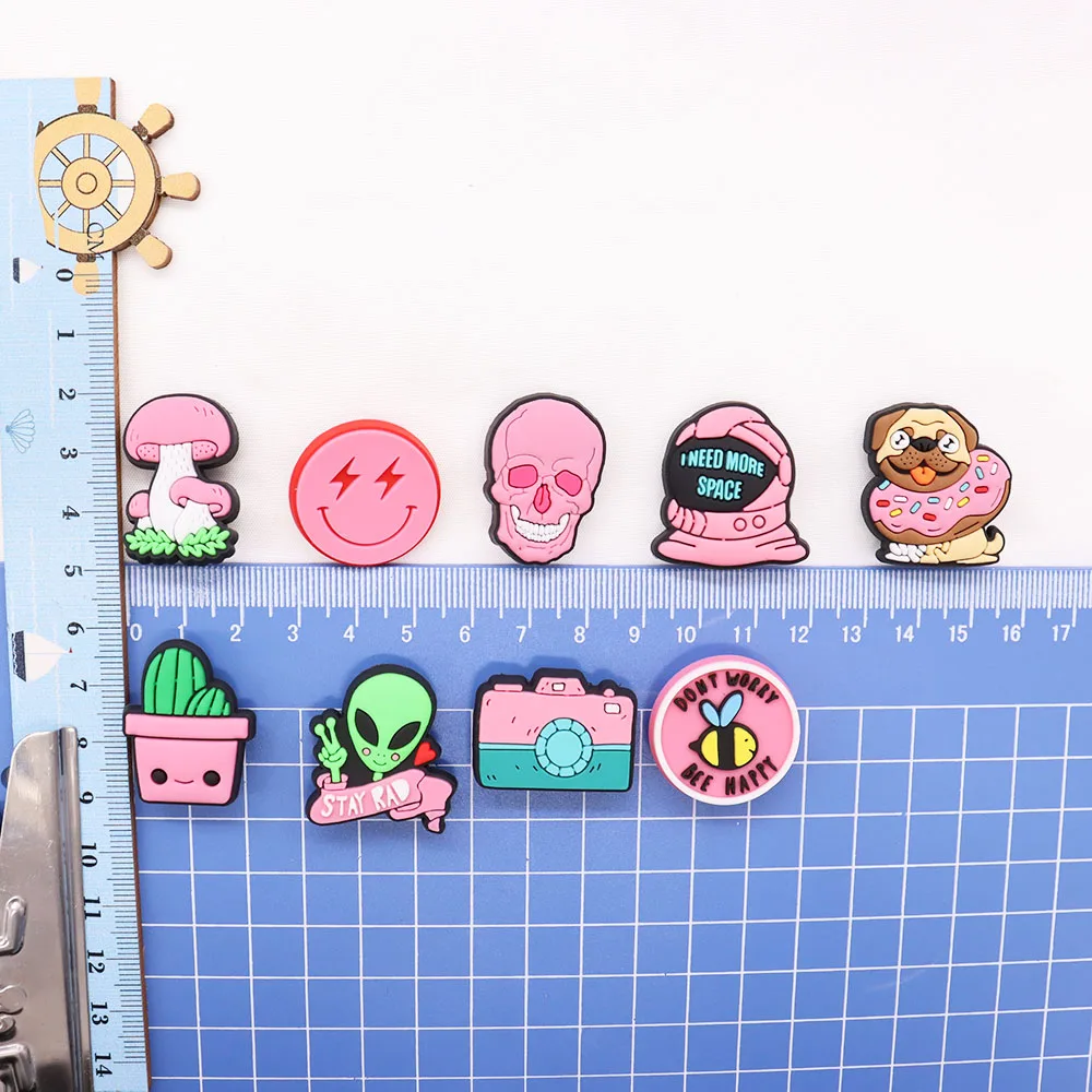 1Pcs Smile Face Pink Dogs Plants Camera Skull Alien PVC Garden Shoe Charms Shoes Decorations Croc Jibz Diy Wristband Party Gifts images - 6