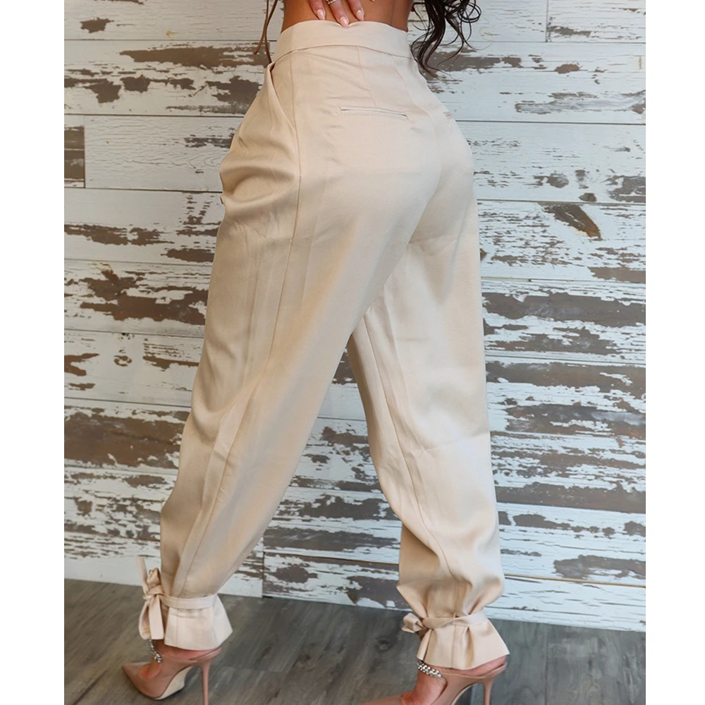 Wepbel Casual Pants Ankle Strap Trousers Women Fashion Streetwear Ruched Pocket Design Cuffed Pants Beige Loose Trousers