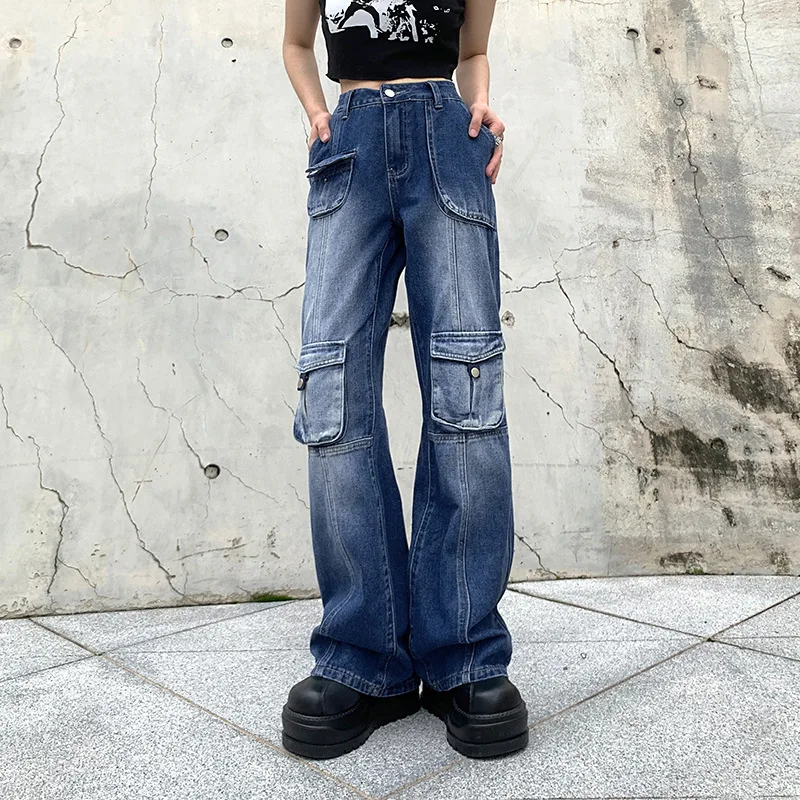 

2022 Denim Hip Hop Cargo Pants Women Streetwear Cotton Unisex Casual Harem Trousers Wit Pocket Harajuku Summer Vintage Jeans 90s