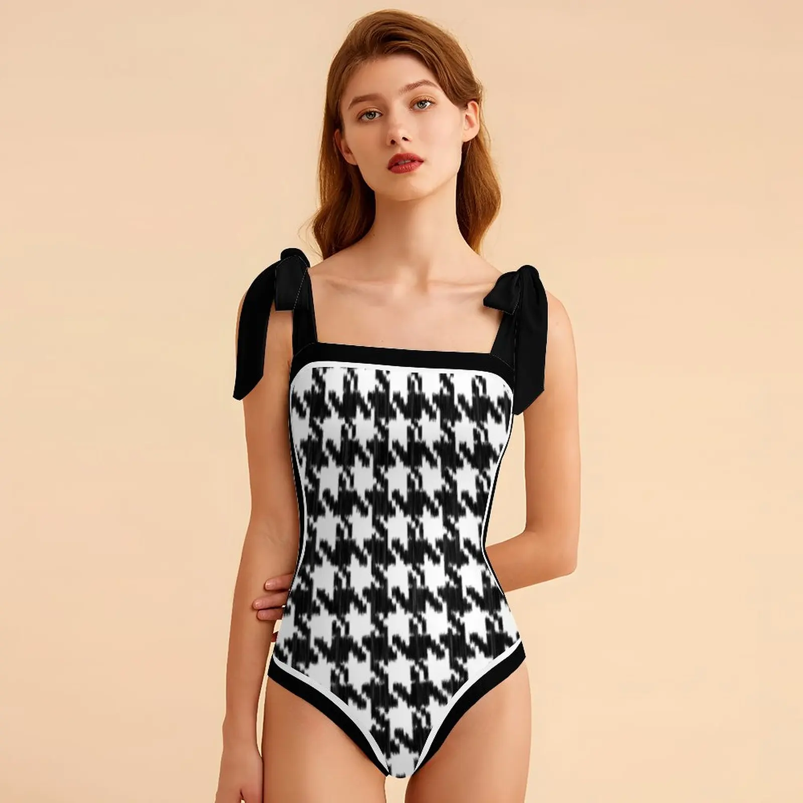 

Black and White Houndstooth One-Piece Swimsuit 2023 Women's Plaid Elegant Bikini Skirt Luxury Swimwear Summer Vacation Beachwear