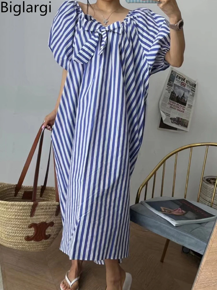 

Striped Summer Dress Women New Korean Puff Sleeve Blue Black Long Ladies Dress Loose Woman Dress Robe