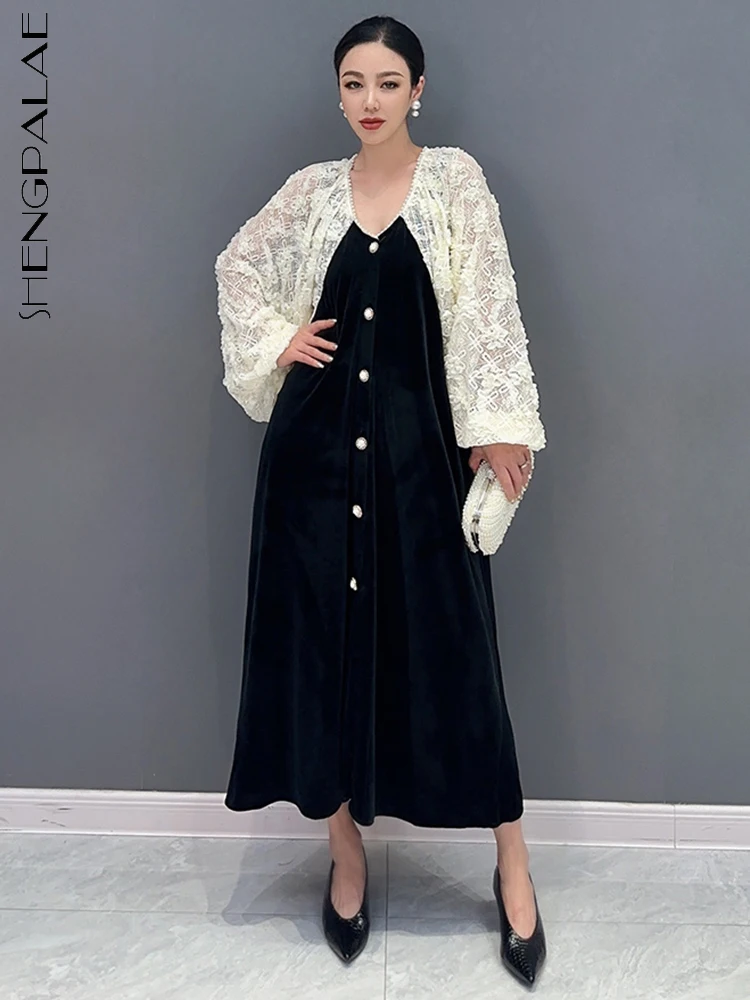 

SHENGPALAE модное женское бархатное платье с кружевными вставками, рукавами-фонариками и v-образным вырезом, однобортное свободное платье осень 2023, Новое поступление 5R6156