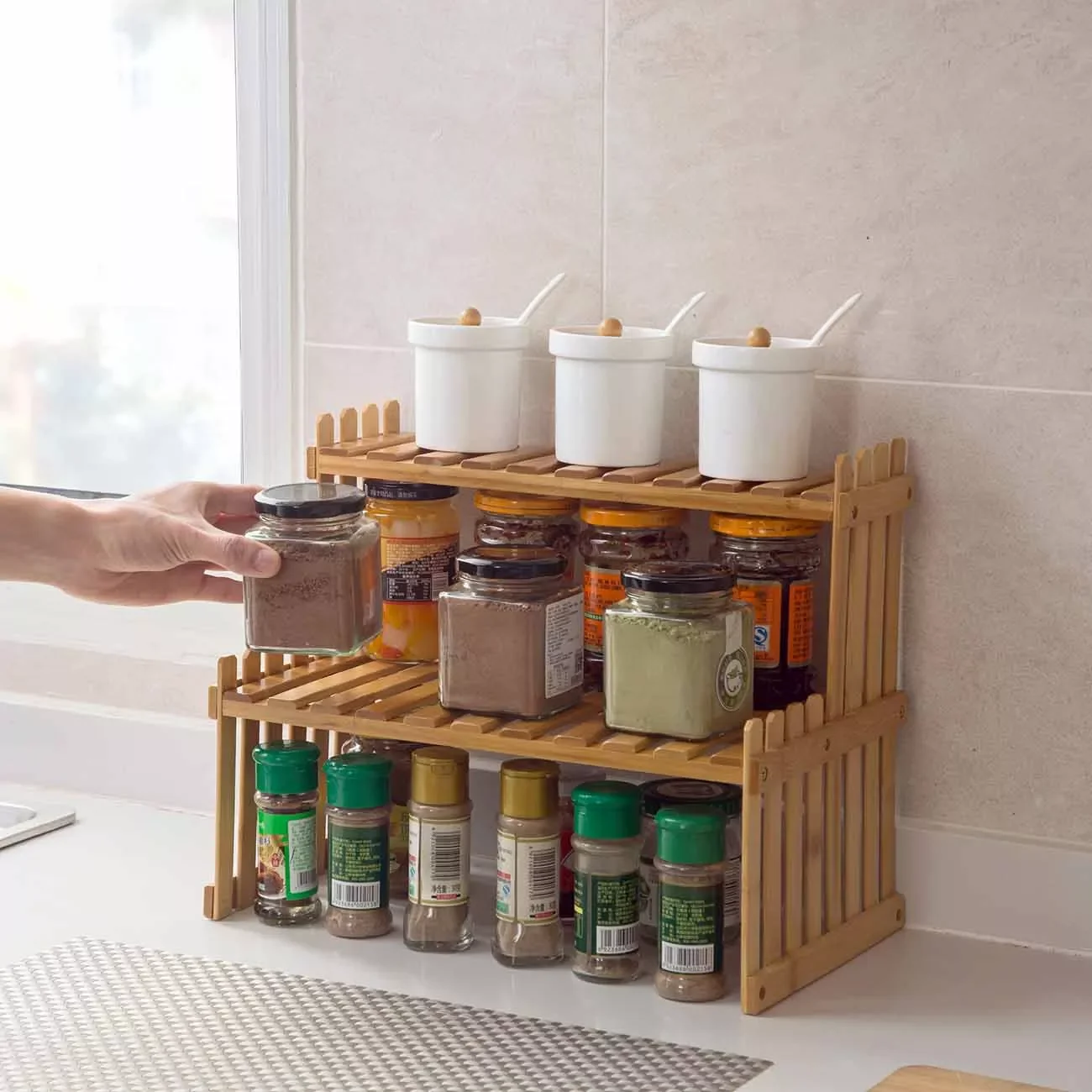 

2023 Double Layers Wood Storage Rack Kitchen Spice Rack Book Seasoning Jar Bottle Holder Bamboo Desktop Organizer Racks Shelves