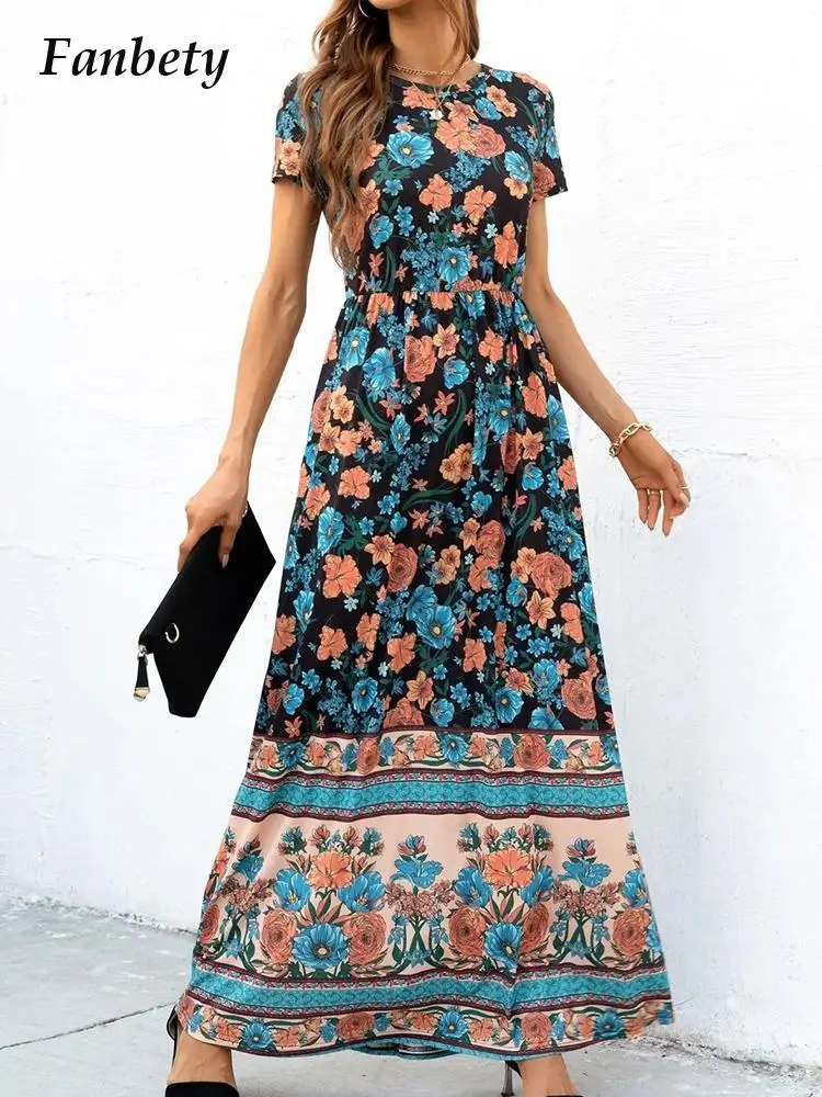 

Casual Waist Pleated Big Hem Pullover Dress Women Elegant Graphic Print Draped Maxi Dress Summer O Neck Short Sleeve Long Dress