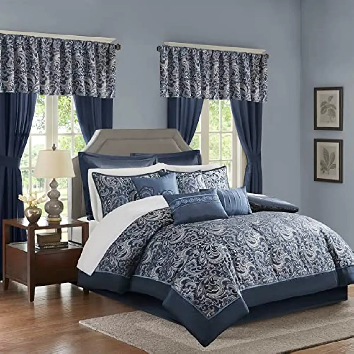 

Brystol 24 Piece Room in a Bag Faux Silk Comforter Jacquard Paisley Design Matching Curtains Down Alternative All Season