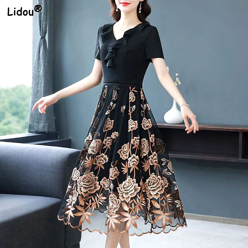 

Dresses Vintage Elegant Skinny Fashion Casual Patchwork Knee Skirts V-neck Ruffles Short Sleeve Summer Gauze Women's Clothing