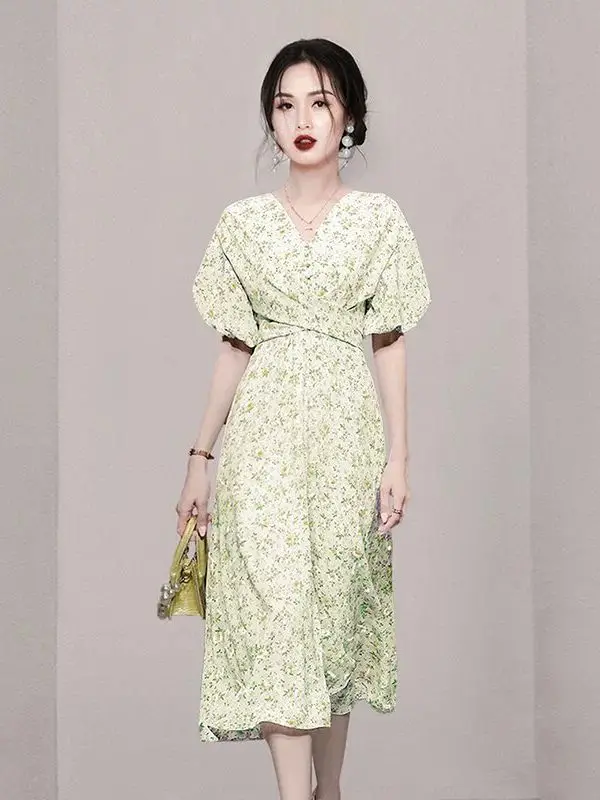 

Женское шифоновое платье-рубашка с V-образным вырезом и рукавами-фонариками