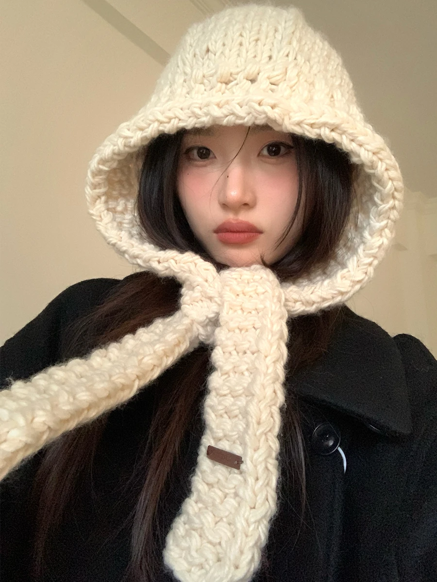 Including Fleece Handmade Crocheting Balaclava Hat Women Autumn and Winter New Earmuff Warm Thick Needle Toe Cap Woolen