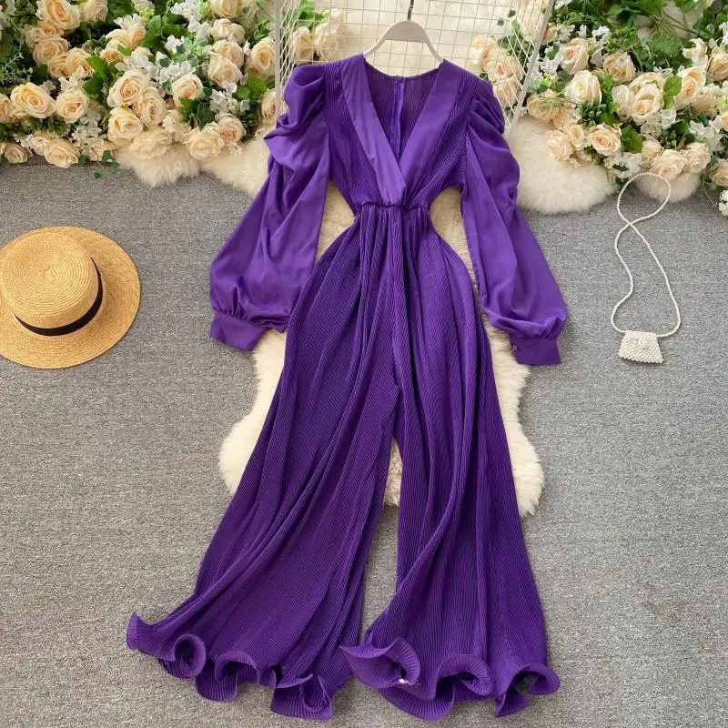 

Women's Retro Fairy Solid Color V Neck Puff Sleeve Waist Slim Fungus Side Wide leg Jumpsuit