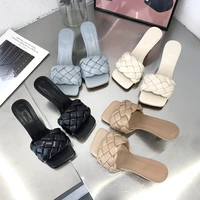 fashion weave slippers women square toe high heels sandals summer pumps cute ladies slides flip flops zapatos para mujer