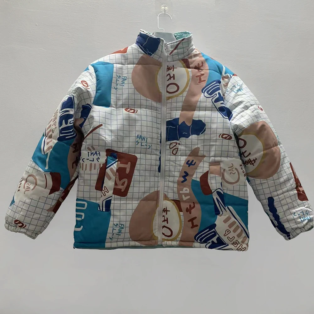 

Winter Harajuku Cotton Padded Jacket Men Parka Two-sided Wear Graffiti Bubble Coat Streetwear Unisex Couple Oversize Y2k Clothes
