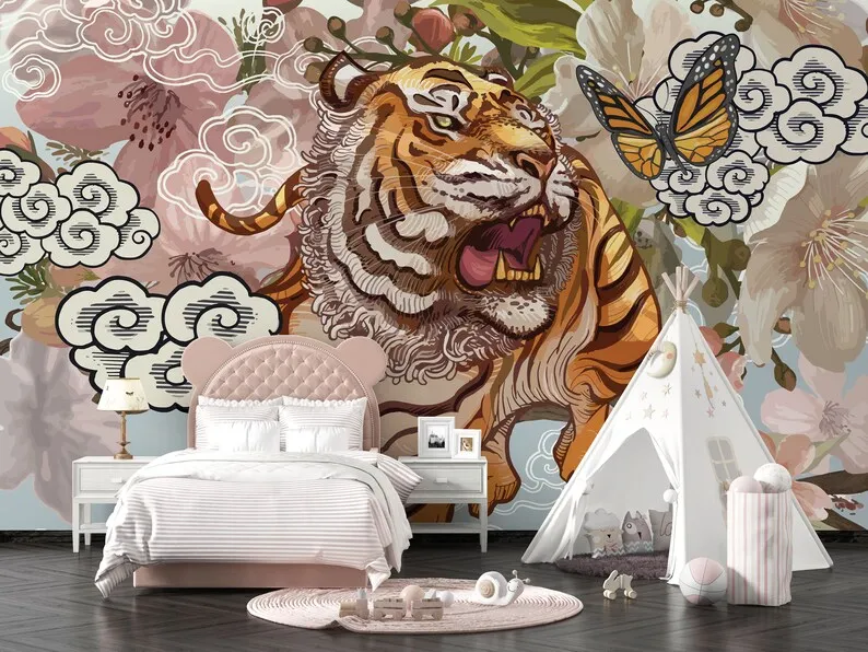 Элегантные китайские Изящные тигровые съемные обои по индивидуальному  размеру, стильные Настенные обои азиатского искусства для детской комнаты,  самоклеящиеся стены | AliExpress