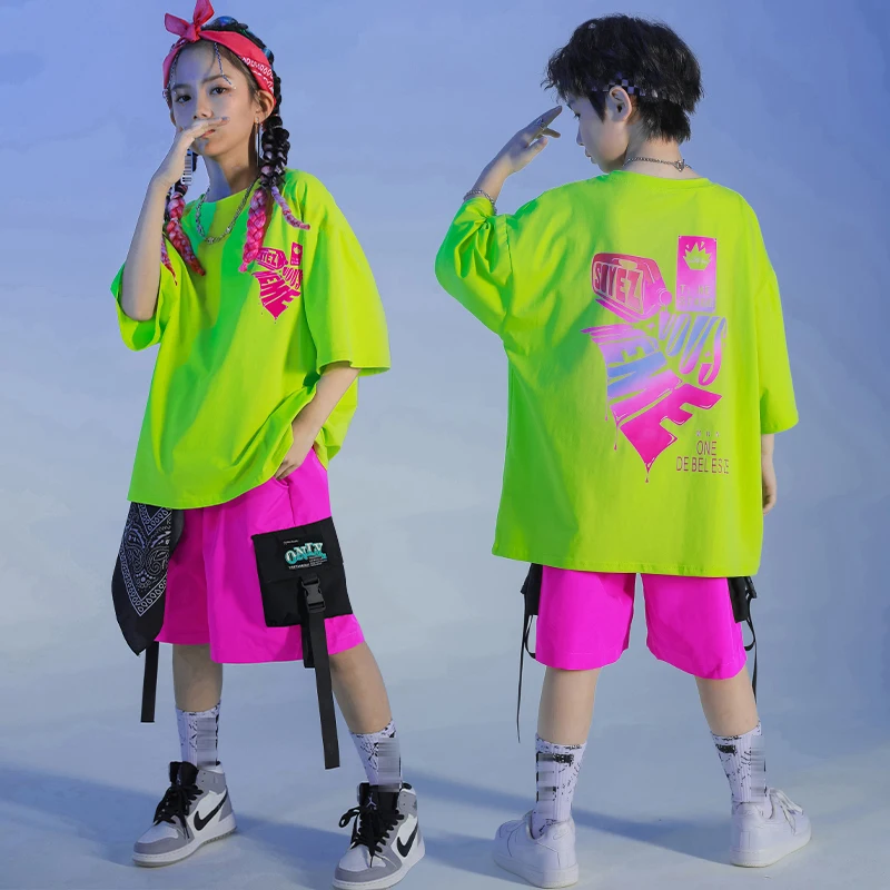 

Kid Hip Hop Dance Clothes Boys Green T-Shirt Loose Summer Jogger Street Dancewear Girls Jazz Practice Performance Costume BL8662
