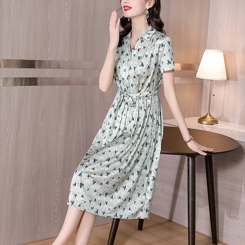 

2023 Summer Silk Love Printing Casual Shirt Skirt Women's Loose Large Short Sleeve A-line Dress Waistband Slim Knee Length Robe