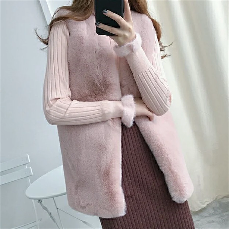 Fall Winter Mid-length Faux Rabbit Fur Vest Women Warm Thick Gilets Plush Soft Waistcoat Sleeveless Jackets Fashion Outwear Top
