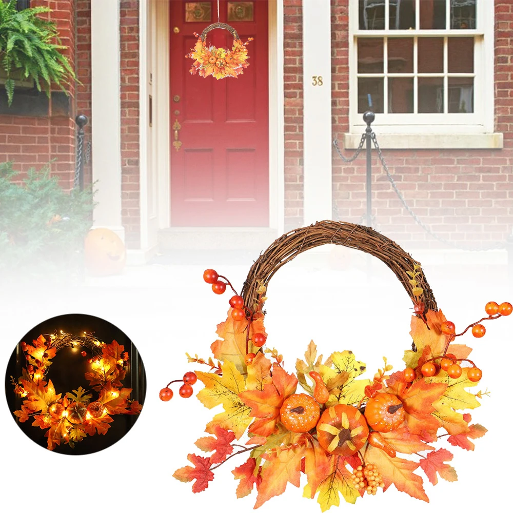 

Autumn Theme LED Door Wreath Artificial Pumpkin Berries Pine Cone Maple Manmade Garland Cloth Rattan Material Home Decoration