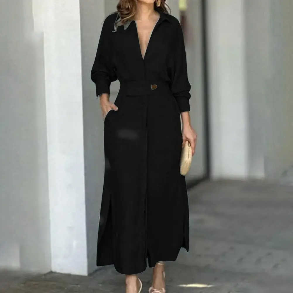 Шикарное Однотонное Платье макси с длинным рукавом платье-рубашка длиной до