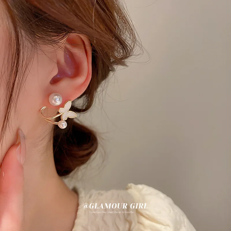 

Genuine Gold Plated Freshwater Pearl Butterfly South Korean Niche Design Sense Fashion Daily Versatile Girl Earrings