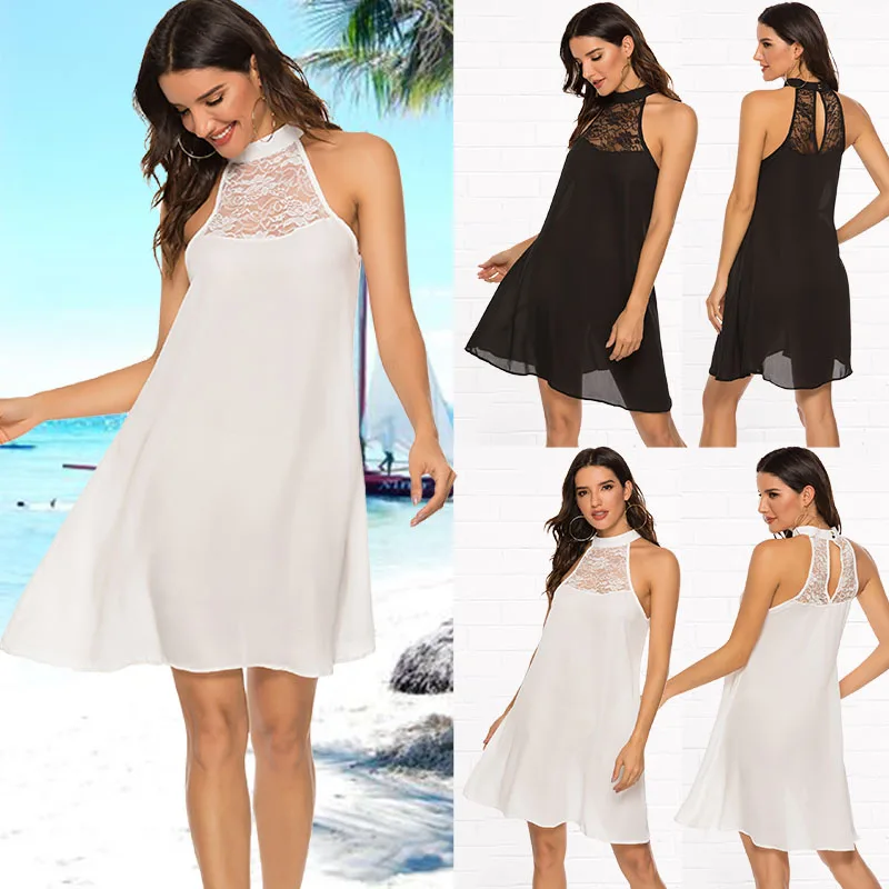 

Женское шифоновое платье без рукавов, повседневное однотонное свободное платье мини с кружевной вставкой и открытой спиной, с лямкой на шее...