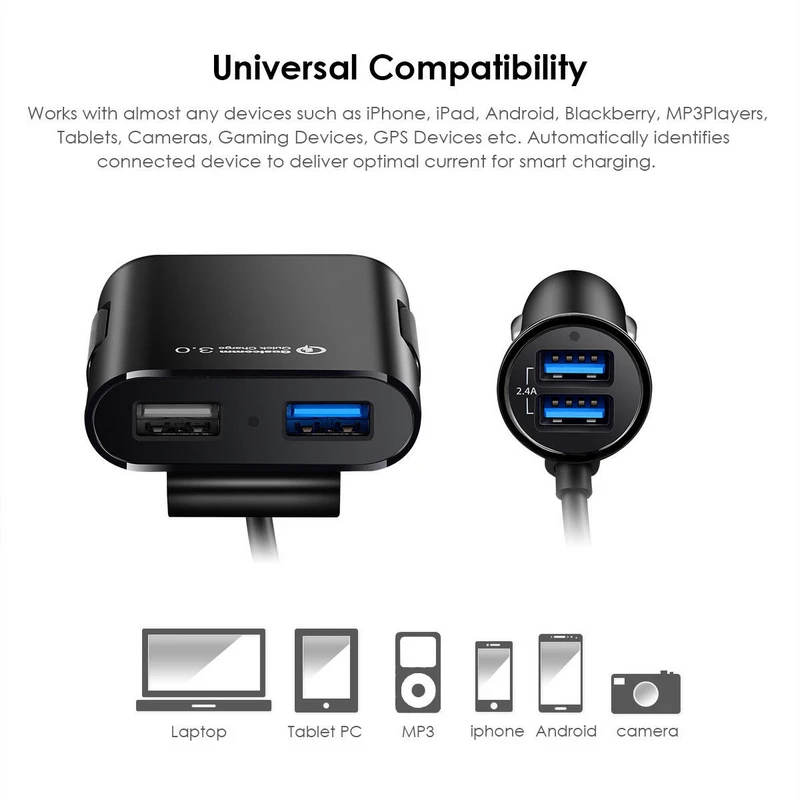 36W Quick Charge 3.0 USB Car Charger Extension Cord Cable Car Usb Charger Passenger Car Rear Charger enlarge